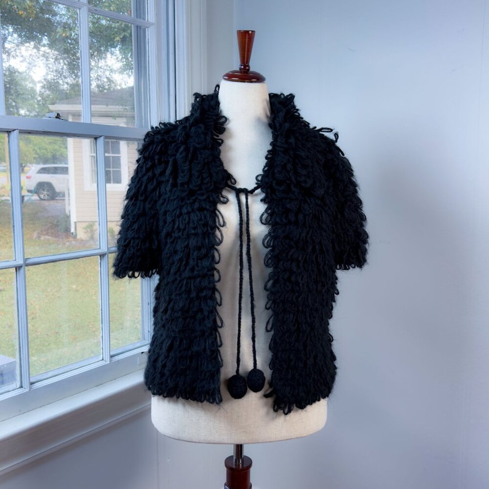 Black Shaggy Sweater Cardigan Ivy Jane Wool Blend Size XL Pom Pom Whimsigoth